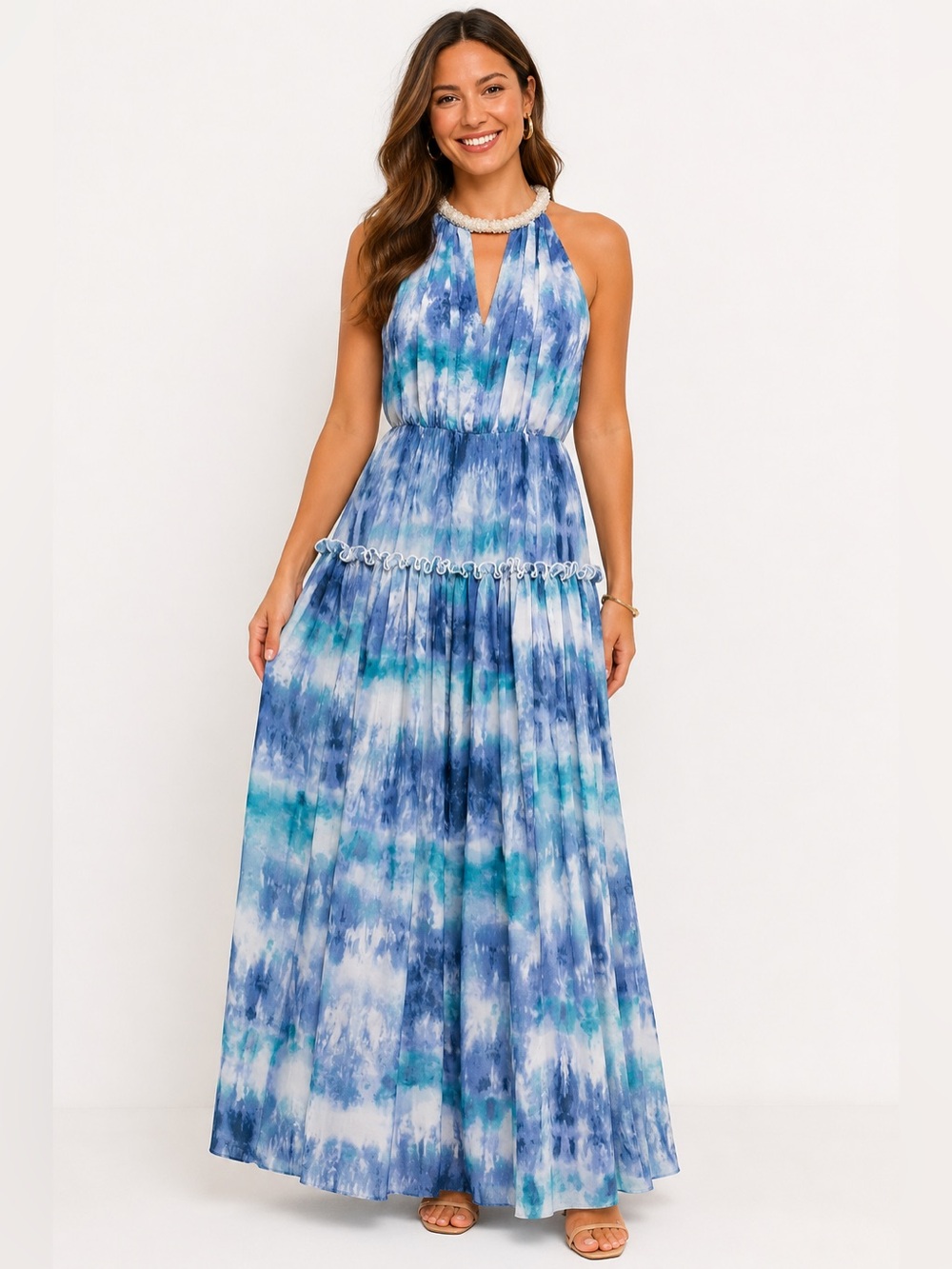 NWT Calvin Klein Blue Tier Beaded Halter Maxi Dress Size 8 Resort Wedding Guest